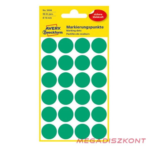 Etikett AVERY 3006 jelölőpont 18mm zöld 96 darabos