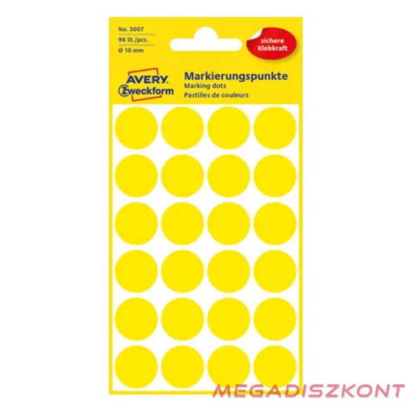 Etikett AVERY 3007 jelölőpont 18mm sárga 96 darabos