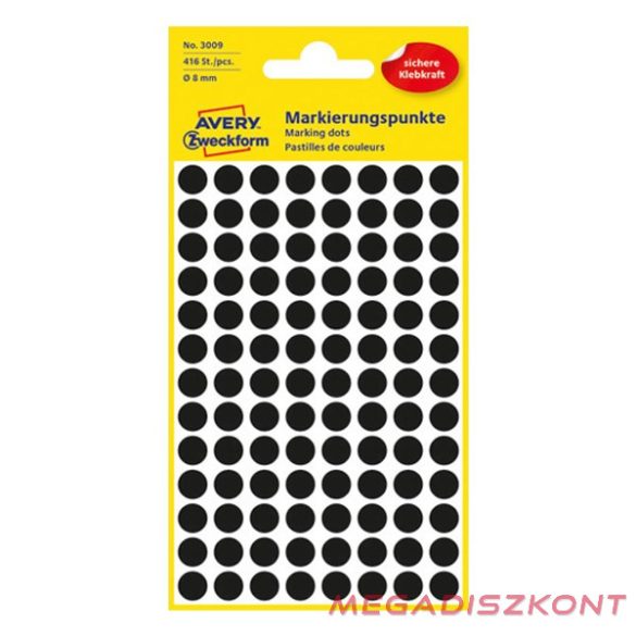 Etikett AVERY 3009 jelölőpont 8mm fekete 416 darabos