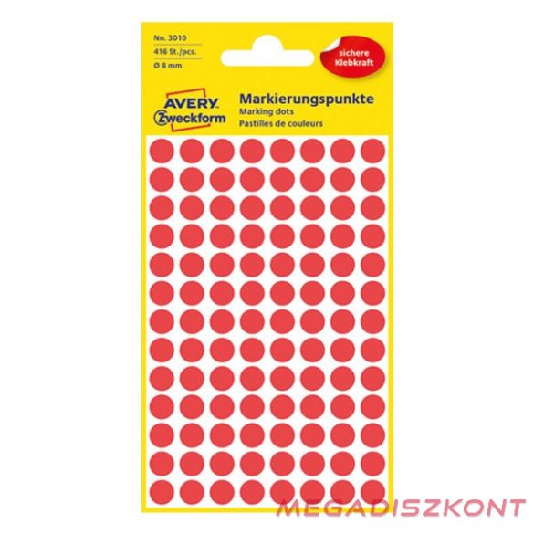 Etikett AVERY 3010 jelölőpont 8mm piros 416 darabos