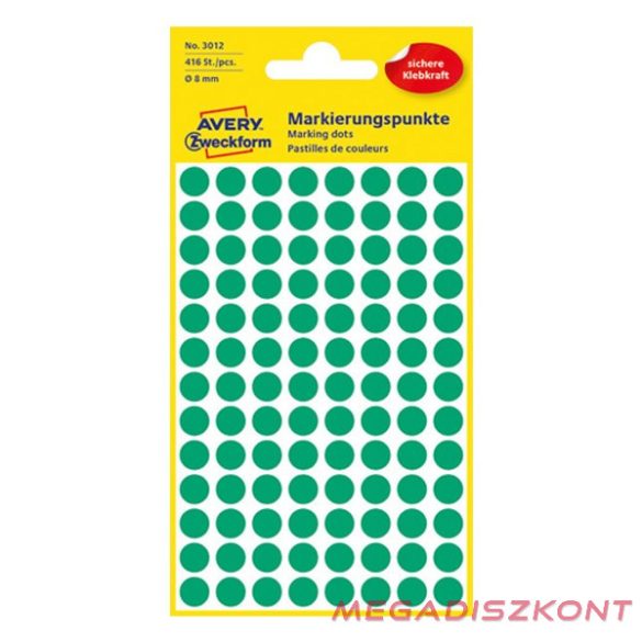 Etikett AVERY 3012 jelölőpont 8mm zöld 416 darabos