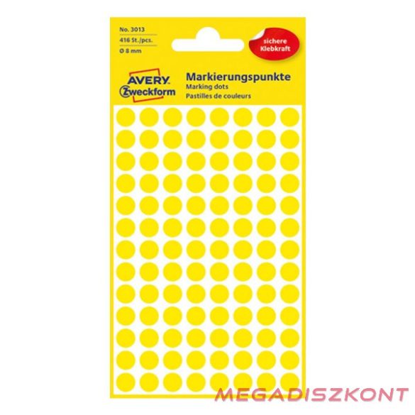 Etikett AVERY 3013 jelölőpont 8mm sárga 416 darabos