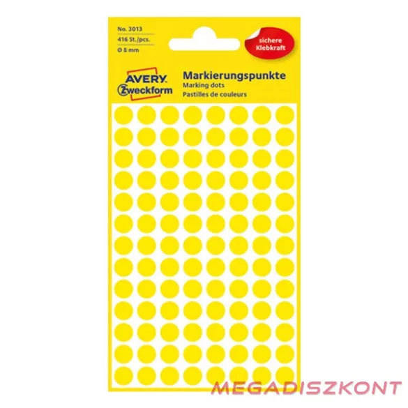 Etikett AVERY 3013 jelölőpont 8mm sárga 416 darabos