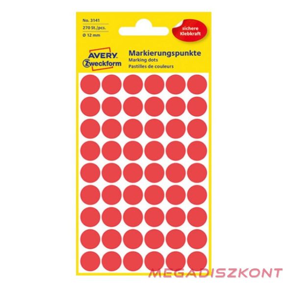 Etikett AVERY 3141 jelölőpont 12mm piros 270 darabos