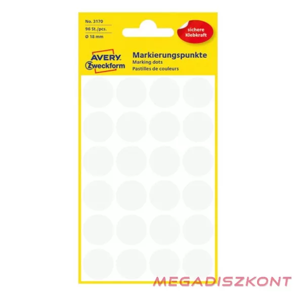Etikett AVERY 3170 öntapadó jelölőpont fehér 18mm 96 jelölőpont/csomag