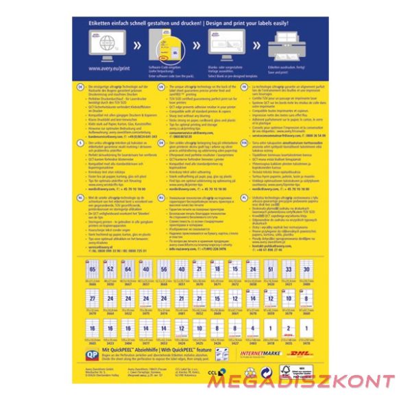 Etikett AVERY 3421 70x25,4mm univerzális fehér 3300 címke/doboz 100 ív/doboz