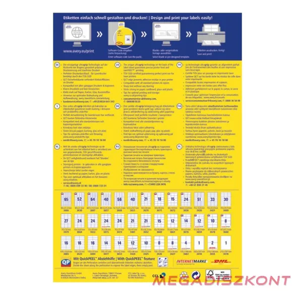Etikett AVERY 3422 70x35mm univerzális 2400 címke/doboz 100 ív/doboz