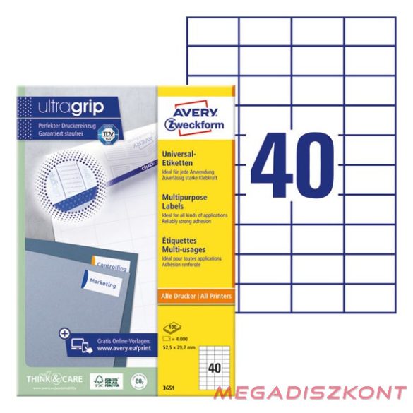 Etikett AVERY 3651 52,5x29,7mm univerzális fehér 4000 címke/doboz 100 ív/doboz