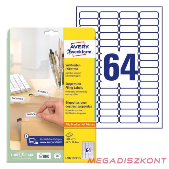 Etikett AVERY L6021REV-25 6021 45,7x16,9mm függőmappa címke 1600 címke/doboz 25 ív/doboz