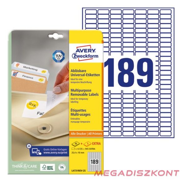 Etikett AVERY L4731REV-25 25,4x10mm visszaszedhető 4725 címke/doboz 25 ív/doboz