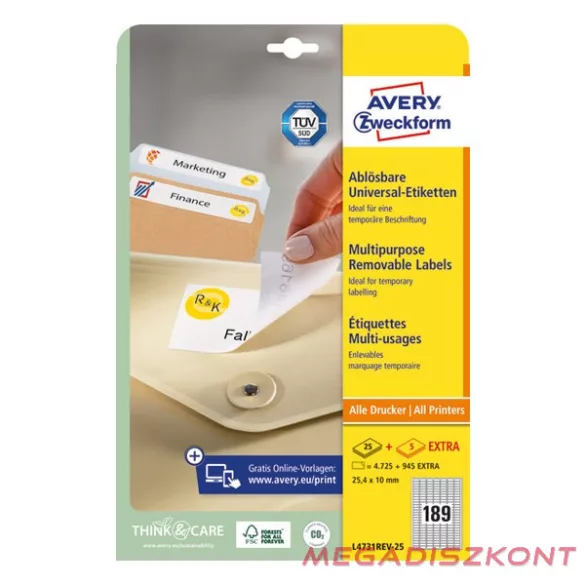Etikett AVERY L4731REV-25 25,4x10mm visszaszedhető 4725 címke/doboz 25 ív/doboz