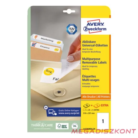 Etikett AVERY L4735REV-25 210x297mm univerzális visszaszedhető 30 címke/doboz 30 ív/doboz