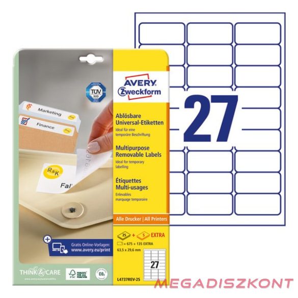 Etikett AVERY L4737REV-25 63,5x29,6mm univerzális visszaszedhető 810 címke/doboz 30 ív/doboz