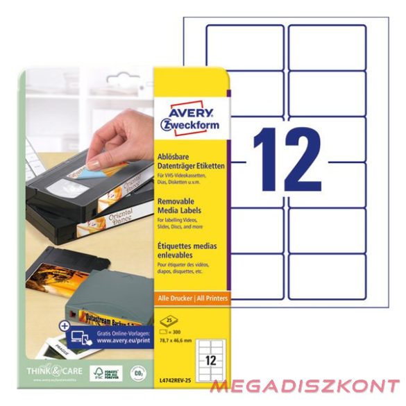 Etikett AVERY L4742REV-25 78,7x46,6mm visszaszedhető 300 címke/doboz 25 ív/doboz