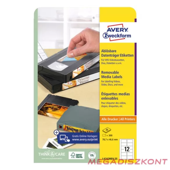 Etikett AVERY L4742REV-25 78,7x46,6mm visszaszedhető 300 címke/doboz 25 ív/doboz