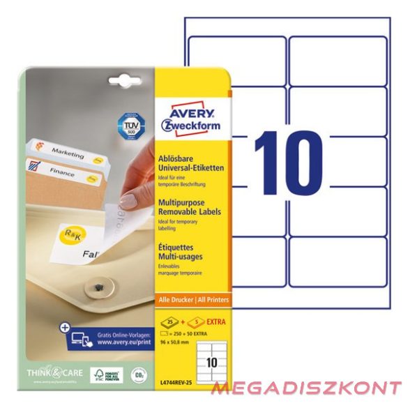 Etikett AVERY L4744REV-25 96x50,8mm univerzális 250 címke/doboz 25 ív/doboz
