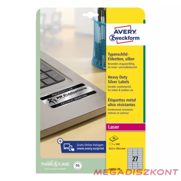 Etikett AVERY L6011-20 63,5x29,6mm lézer ezüst 540 címke/doboz 20 ív/doboz