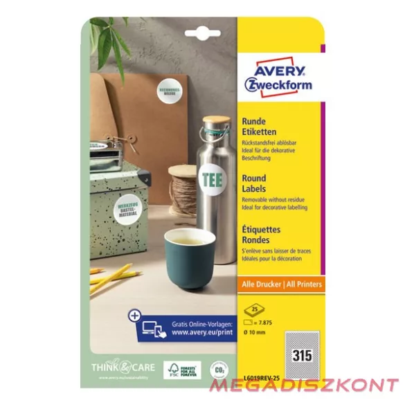 Etikett AVERY L6019REV-25 10mm kör univerzális