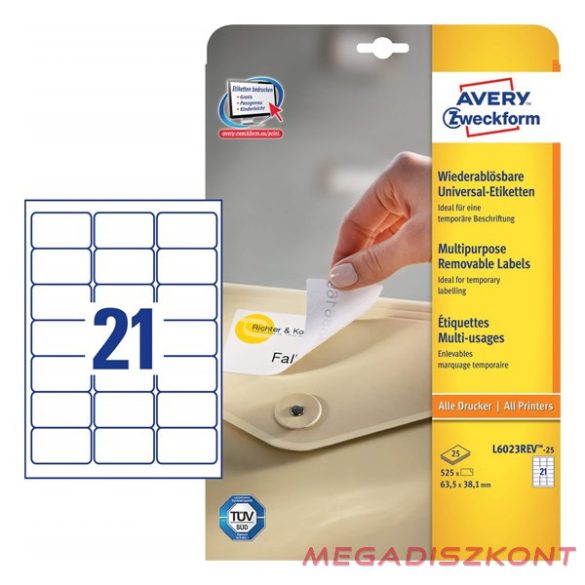 Etikett AVERY L6023REV-25 63,5X38,1 univerzális visszaszedhető 25+5 ív/doboz