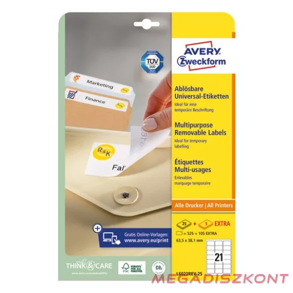 Etikett AVERY L6023REV-25 63,5X38,1 univerzális visszaszedhető 25+5 ív/doboz
