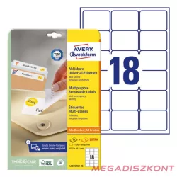   Etikett AVERY L6025REV-25 63,5x46,6mm univerzális visszaszedhető fehér 540 címke/doboz 30 ív/doboz
