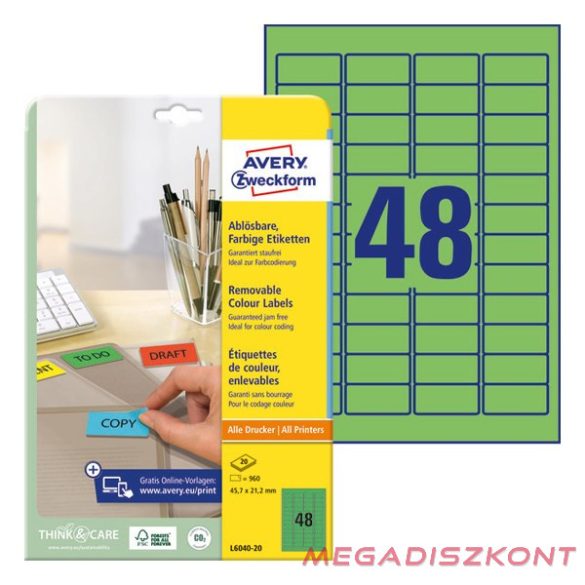 Etikett AVERY L6040-20 45,7x21,2mm univerzális visszaszedhető zöld 960 címke/doboz 20 ív/doboz