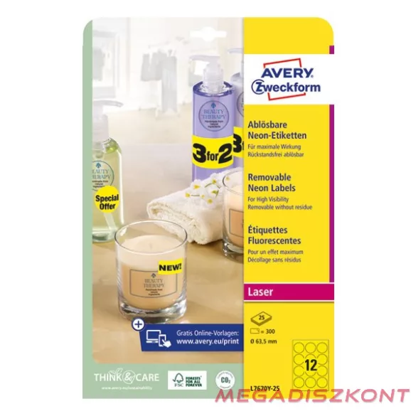Etikett AVERY L7670Y-25 63,5mm laser kör visszaszedhető neonsárga 300 címke/doboz 25 ív/doboz