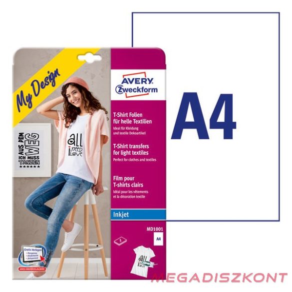 Textilre vasalható fólia AVERY MD1001 világos pólóra vasalható tintasugaras nyomtatóhoz 5 lapos