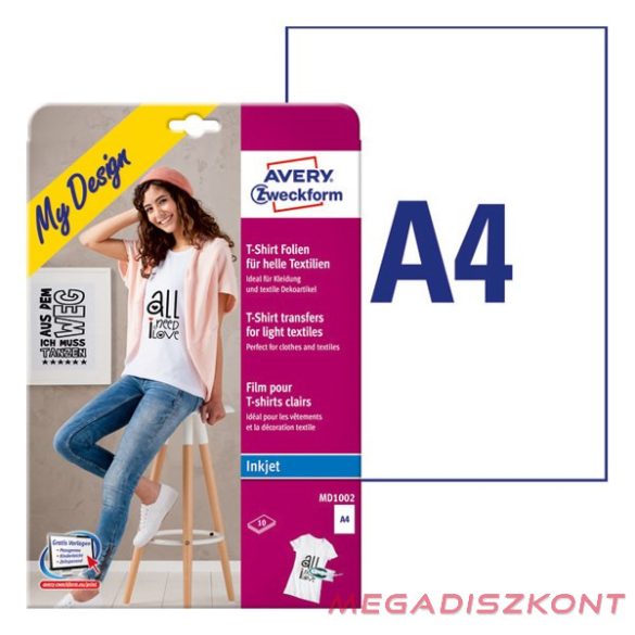 Textilre vasalható fólia AVERY MD1002 világos pólóra vasalható tintasugaras nyomtatóhoz 10 lapos