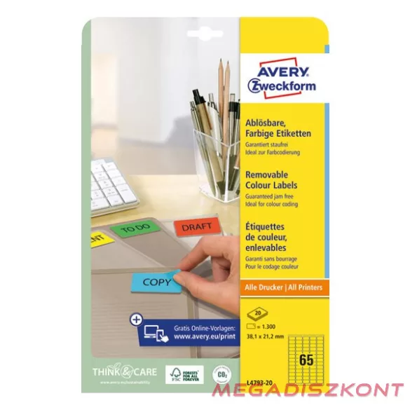 Etikett AVERY L4793-20 38,1x21,2mm sárga 1300 címke/doboz 20 ív/doboz