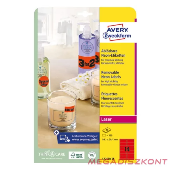 Etikett AVERY L7263R-25 99,1x38,1mm laser neon piros 350 címke/doboz 25 ív/doboz