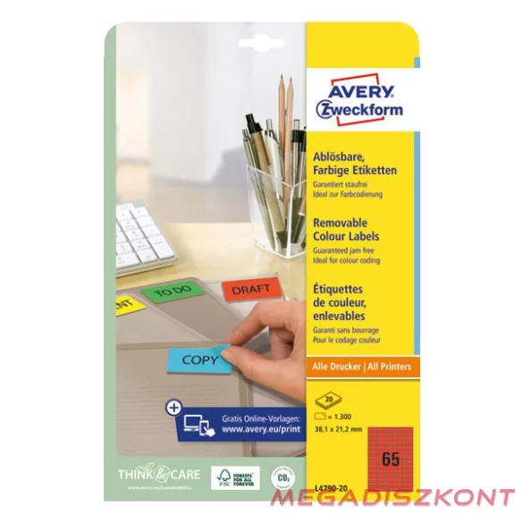 Etikett AVERY L4790-20 38,1x21,2mm piros 1300 címke/doboz 20 ív/doboz