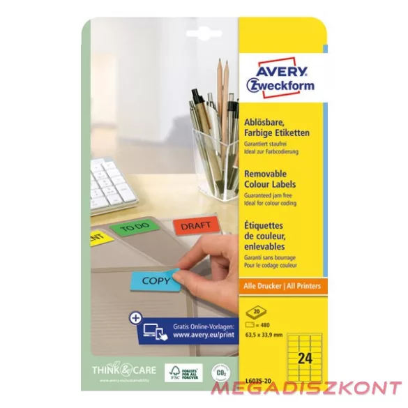 Etikett AVERY L6035-20 63,5x33,9mm univerzális sárga 480 címke/doboz 20 ív/doboz