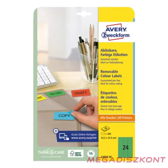 Etikett AVERY L6033-20 63,5x33,9mm univerzális zöld 480 címke/doboz 20 ív/doboz