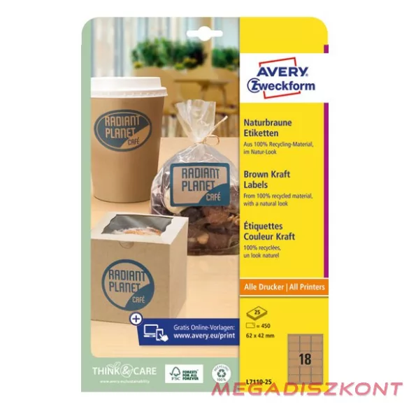 Etikett AVERY L7110-25 62x42mm termék címke környezetbarát barna kraft 450 címke/doboz 25 ív/doboz