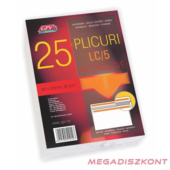 Boríték GPV LC/5 öntapadós bélésnyomott 162x229mm 25 darabos
