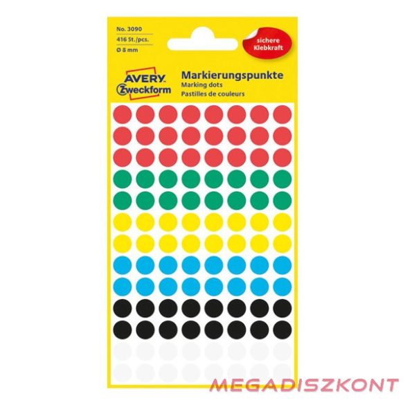 Etikett AVERY 3090 öntapadó jelölőpont vegyes 6 szín 8mm 416 jelölőpont/csomag