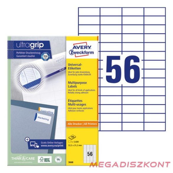 Etikett AVERY 3668 52,5x21,2mm univerzális 5600 címke/doboz 100 ív/doboz