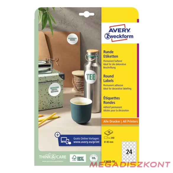 Etikett AVERY L3415-10 kör alakú 40 mm átmérő 240 címke/doboz 10 ív/doboz