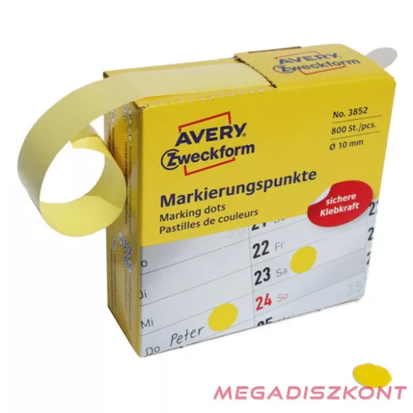 Etikett AVERY 3852 öntapadó jelölőpont adagoló dobozban sárga 10mm 800 jelölőpont/doboz