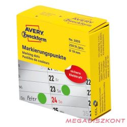   Etikett AVERY 3855 öntapadó jelölőpont adagoló dobozban zöld 19mm 250 jelölőpont/doboz