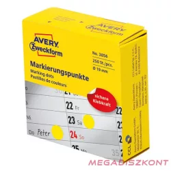   Etikett AVERY 3856 öntapadó jelölőpont adagoló dobozban sárga 19mm 250 jelölőpont/doboz