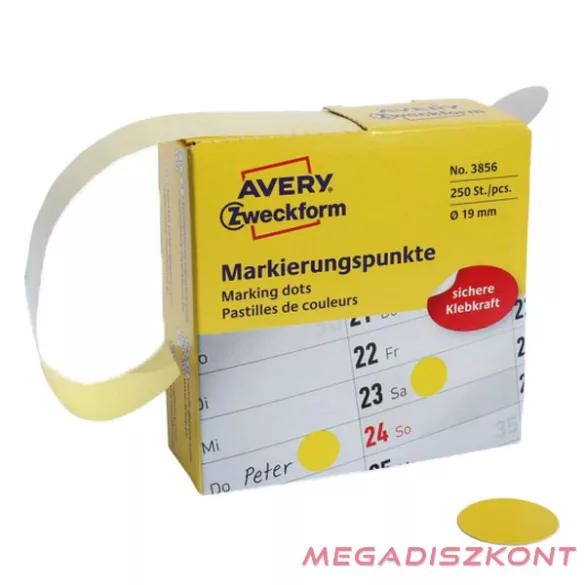 Etikett AVERY 3856 öntapadó jelölőpont adagoló dobozban sárga 19mm 250 jelölőpont/doboz