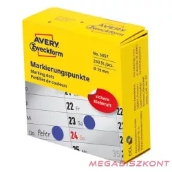   Etikett AVERY 3857 öntapadó jelölőpont adagoló dobozban kék 19mm 250 jelölőpont/doboz