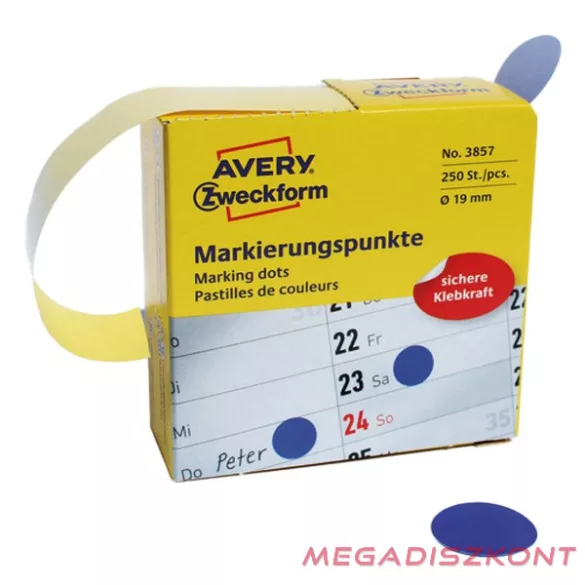 Etikett AVERY 3857 öntapadó jelölőpont adagoló dobozban kék 19mm 250 jelölőpont/doboz