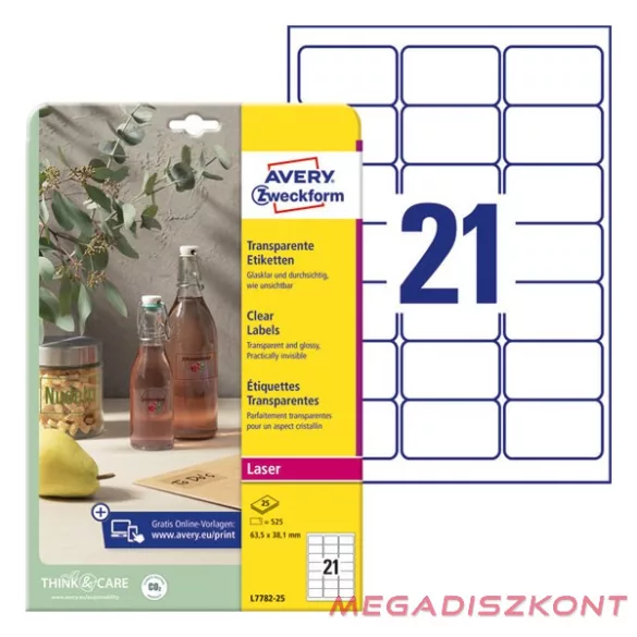 Etikett AVERY L7782-25 63,5x38,1mm víztiszta átlátszó 525 címke/doboz 25 ív/doboz