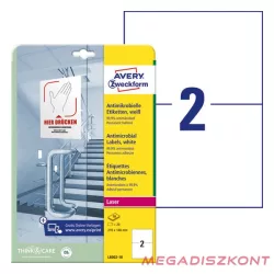   Etikett AVERY L8002-10 210x148mm antimikrobiális fehér 20 címke/doboz 10 ív/doboz