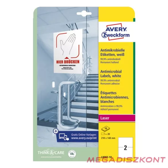 Etikett AVERY L8002-10 210x148mm antimikrobiális fehér 20 címke/doboz 10 ív/doboz