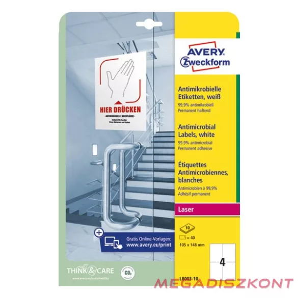 Etikett AVERY L8003-10 105x148mm antimikrobiális fehér 40 címke/doboz 10 ív/doboz