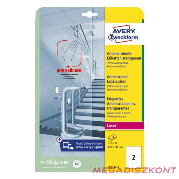 Etikett AVERY L8012-10 210x148mm antimikrobiális átlátszó 20 címke/doboz 10 ív/doboz